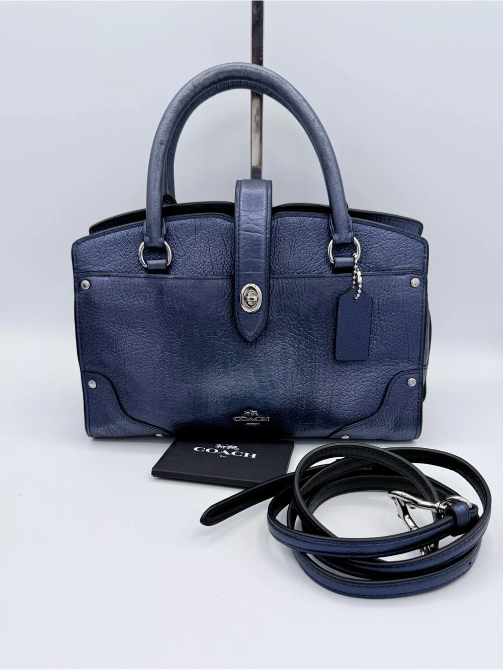 Coach Mercer 24 Satchel Metallic Navy Pebbled Leather Crossbody